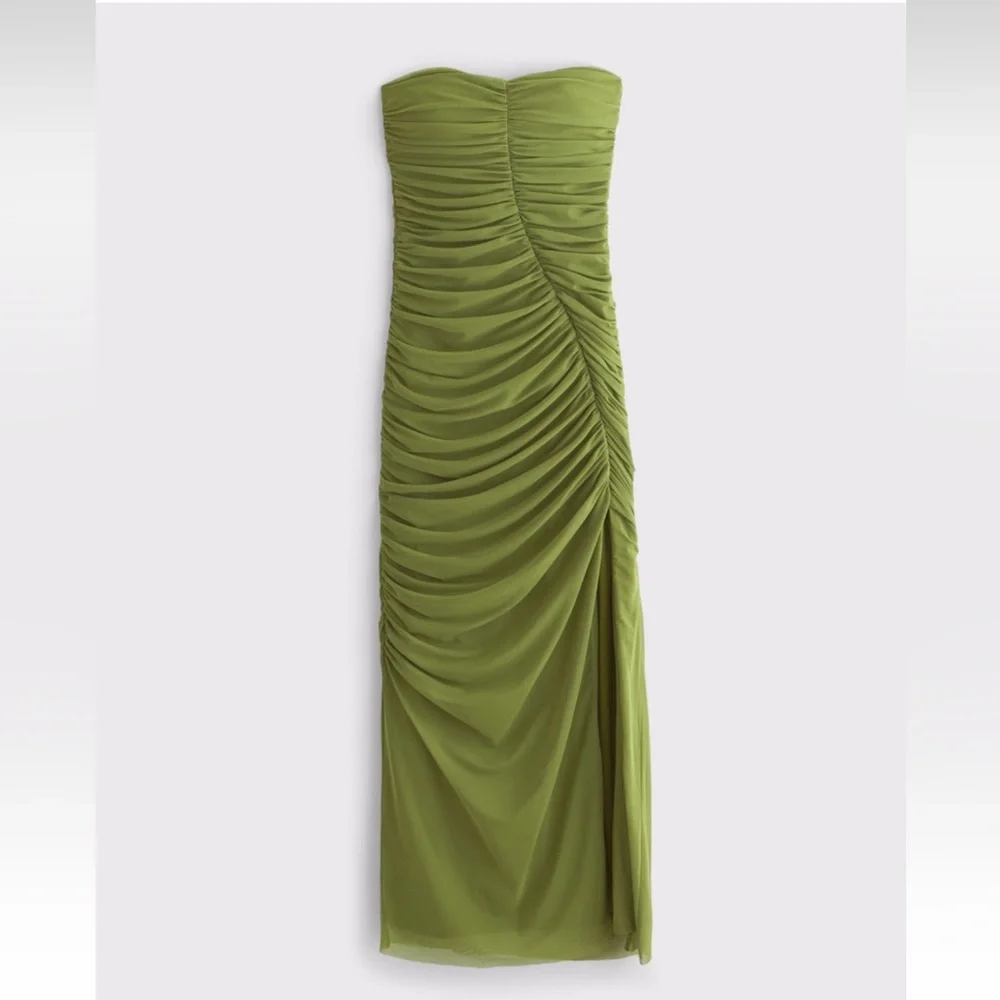 Abercrombie & Fitch Strapless Ruched Mesh Maxi Dress